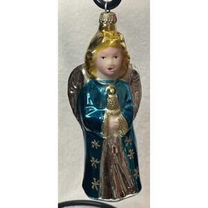Lauscha Glas Creation Ornament Glass Blonde Angel Germany Turquoise Silver